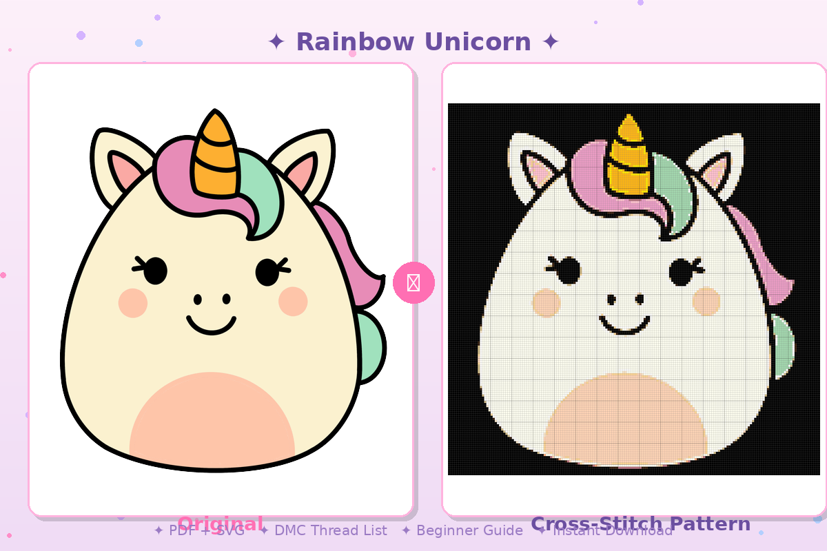 Rainbow Unicorn Kawaii Plushie Cross-Stitch Pattern