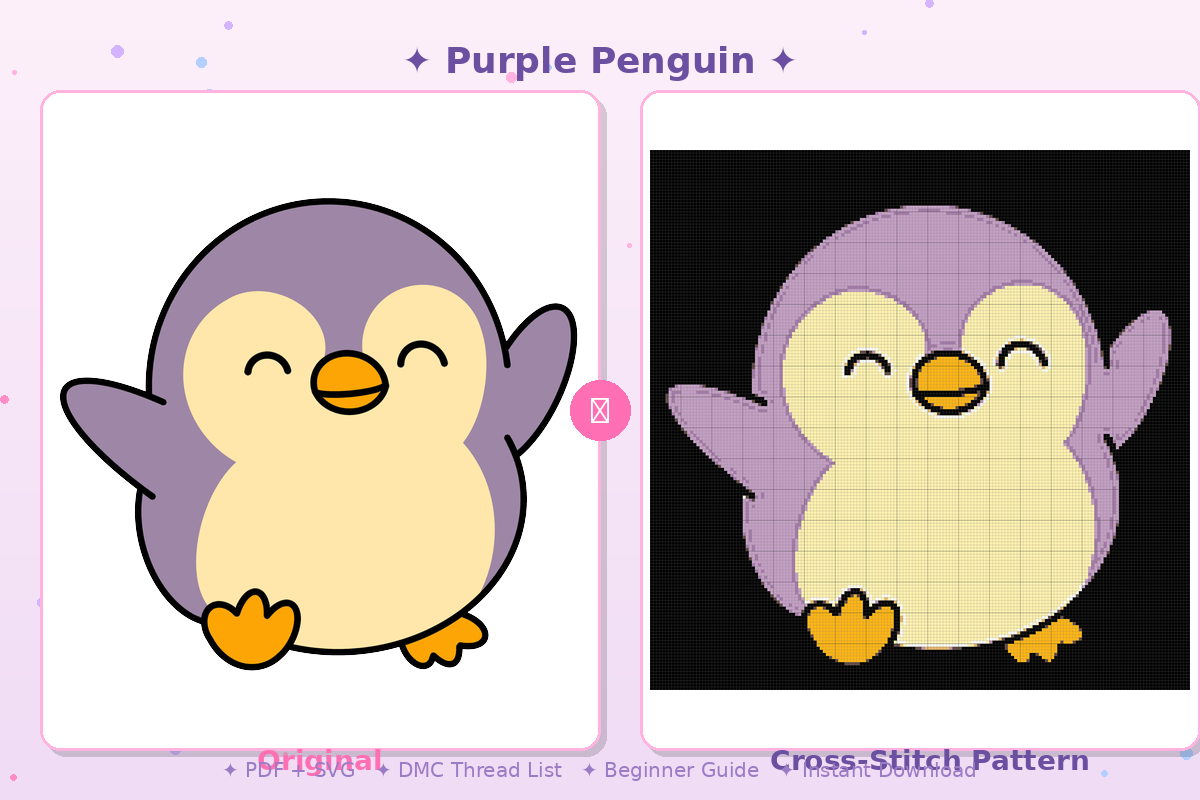 Purple Penguin Kawaii Plushie Cross-Stitch Pattern