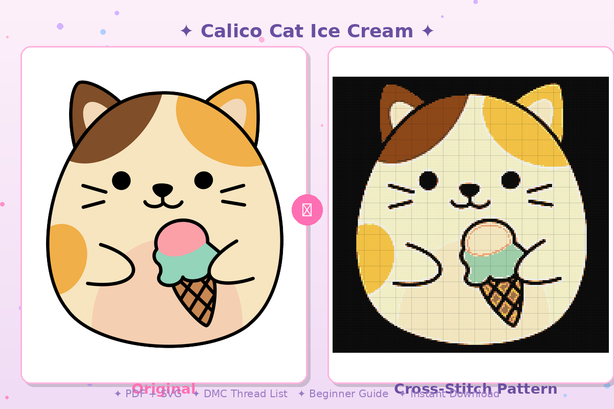 Calico Cat Ice Cream Kawaii Plushie Cross-Stitch Pattern