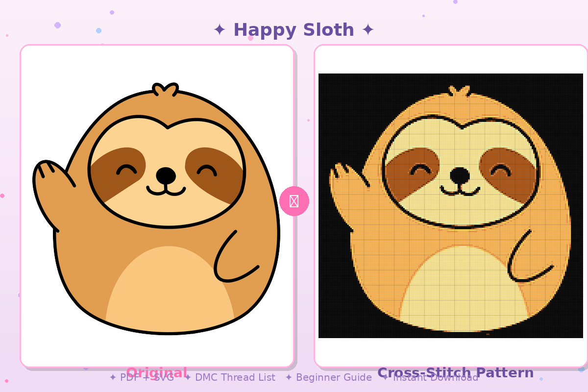 Happy Sloth Kawaii Plushie Cross-Stitch Pattern