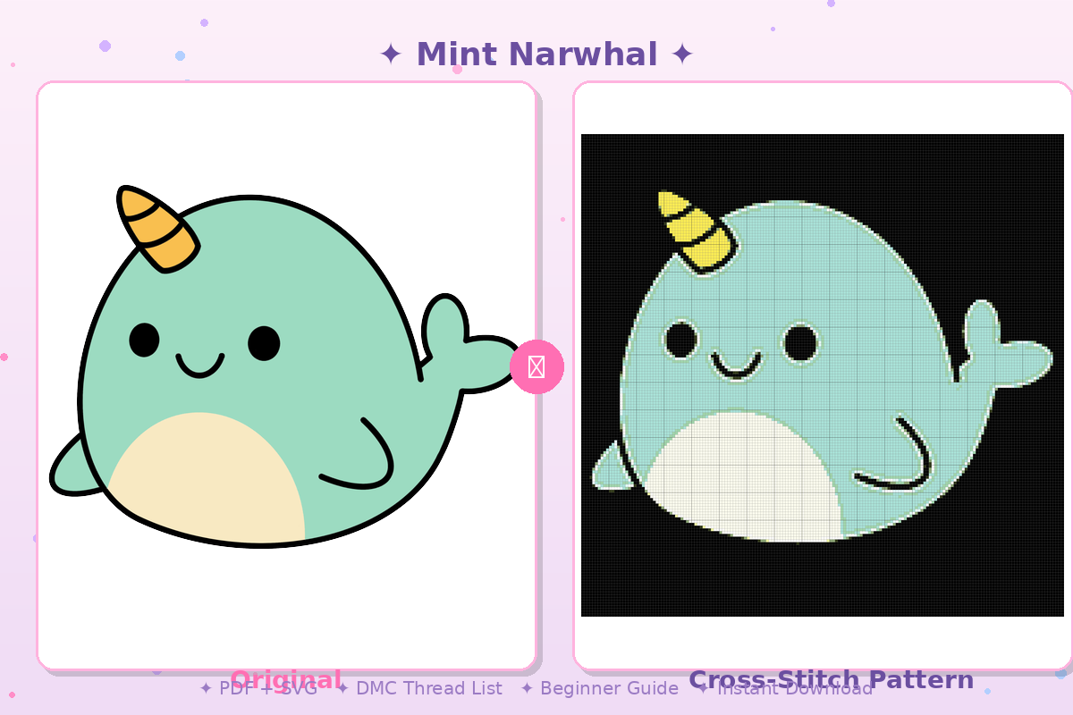 Mint Narwhal Kawaii Plushie Cross-Stitch Pattern